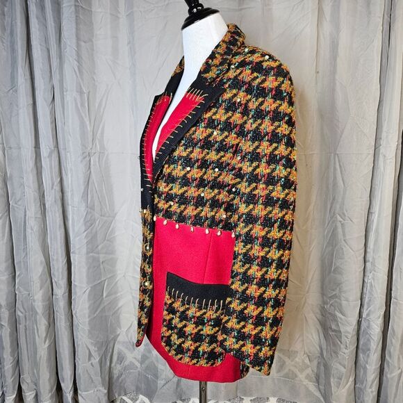 Adam Douglass Adrianna Papell Red Black Color Block Tweed Button Front Blazer - Picture 12 of 14